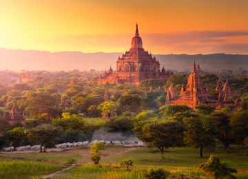 Pagoda landscape in the plain of Bagan, Myanmar.