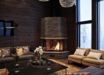 Livingroom fireplace Octola Private Wilderness Finnland Lappland Polarkreis